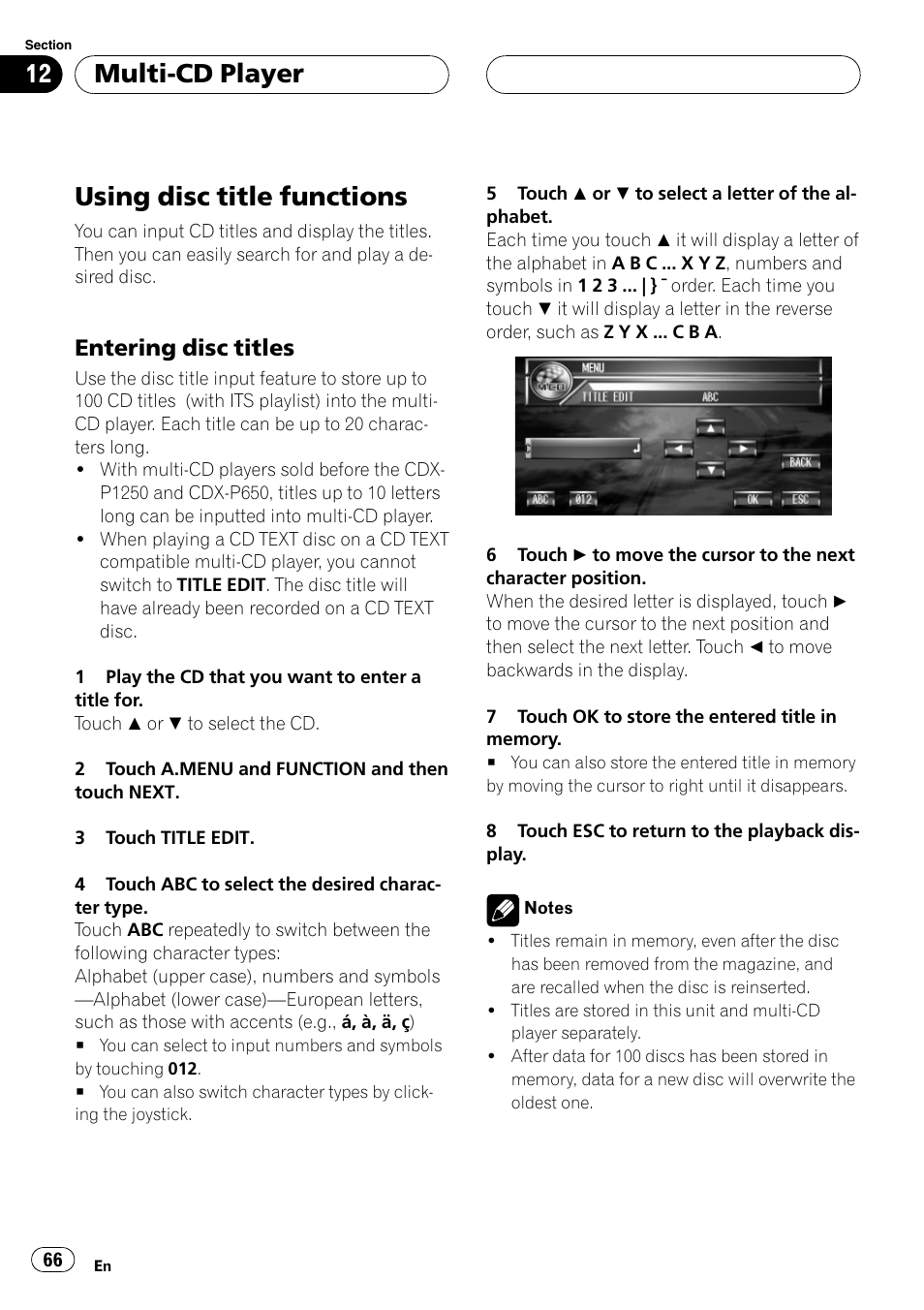 Using disc title functions 66, Using disc title functions, Multi-cd player | Entering disc titles | Pioneer AVH-P7500DVDII User Manual | Page 66 / 119