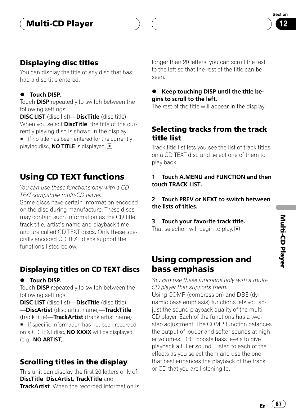 Using cd text functions, Using compression and bass emphasis, Multi-cd player | Pioneer AVH-P7500DVDII User Manual | Page 67 / 119