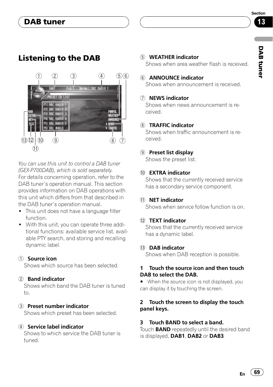 Dab tuner listening to the dab 69, Listening to the dab, Dab tuner | Pioneer AVH-P7500DVDII User Manual | Page 69 / 119