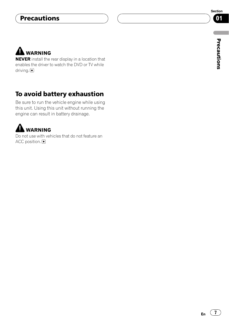 To avoid battery exhaustion 7, Precautions | Pioneer AVH-P7500DVDII User Manual | Page 7 / 119