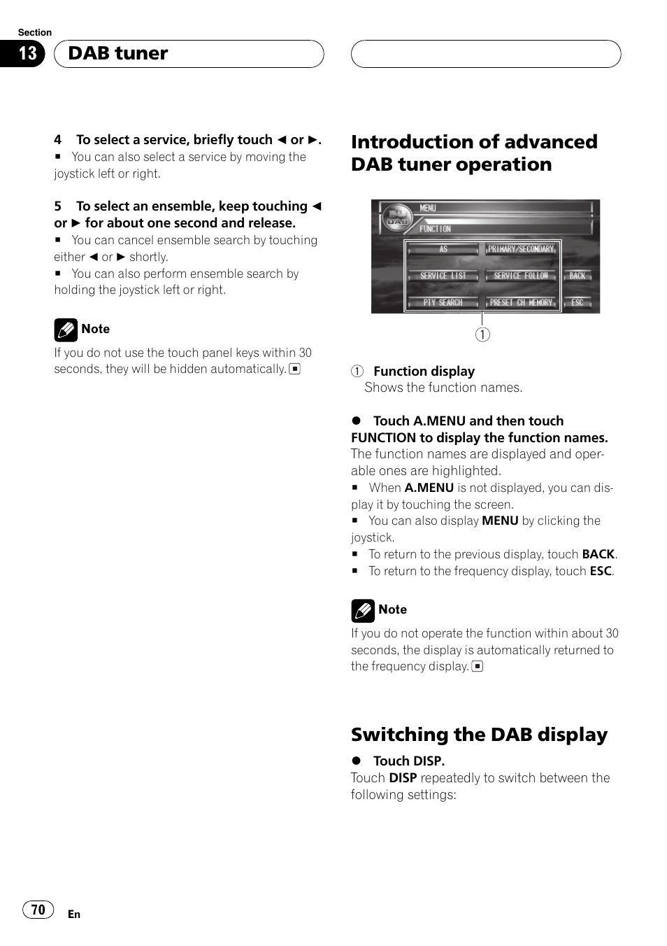 Introduction of advanced dab tuner, Operation 70, Switching the dab display 70 | Introduction of advanced dab tuner operation, Switching the dab display, Dab tuner | Pioneer AVH-P7500DVDII User Manual | Page 70 / 119