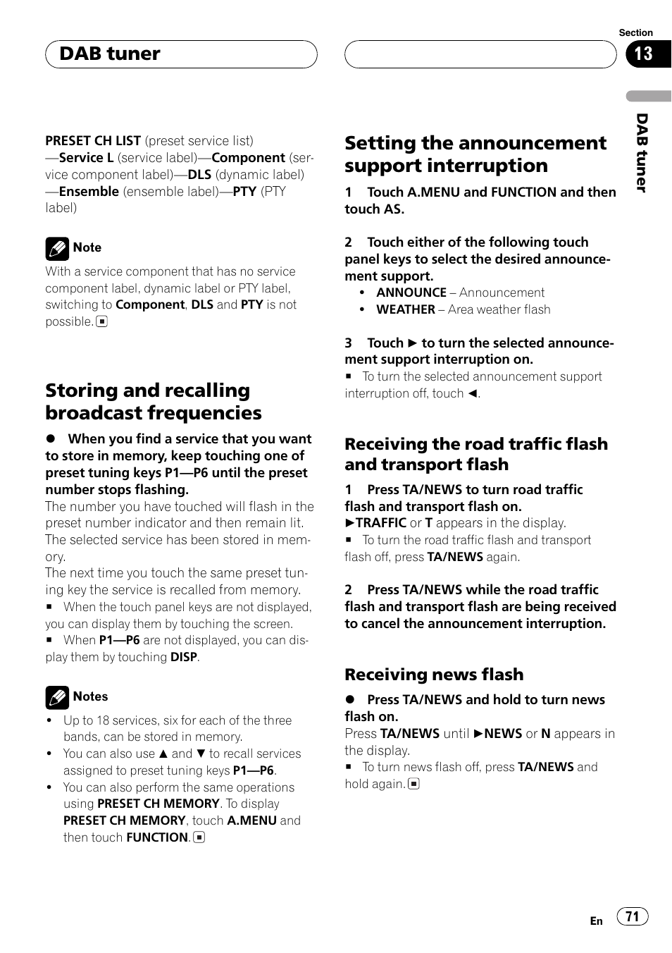 Storing and recalling broadcast, Frequencies 71, Setting the announcement support | Interruption 71, Storing and recalling broadcast frequencies, Setting the announcement support interruption, Dab tuner | Pioneer AVH-P7500DVDII User Manual | Page 71 / 119