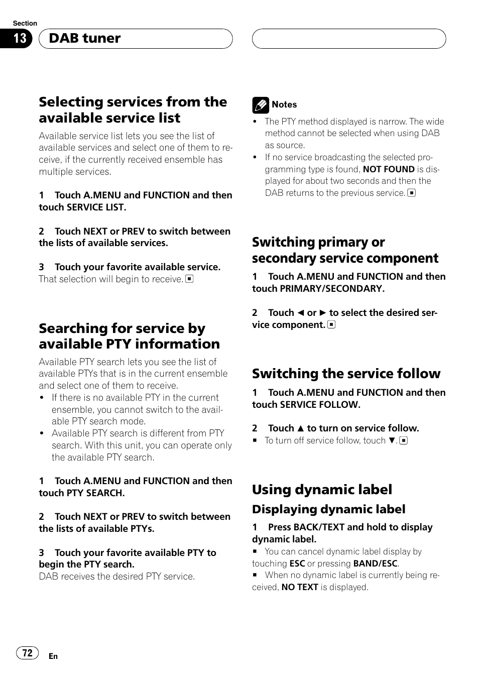 Selecting services from the available service, List 72, Searching for service by available pty | Information 72, Switching primary or secondary service, Component 72, Selecting services from the available service list, Searching for service by available pty information, Switching primary or secondary service component, Switching the service follow | Pioneer AVH-P7500DVDII User Manual | Page 72 / 119