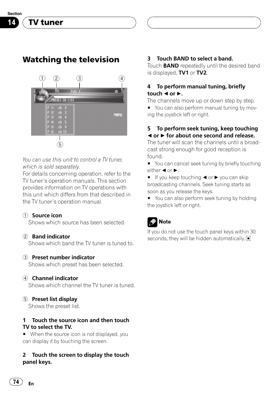 Tv tuner watching the television 74, Watching the television, Tv tuner | Pioneer AVH-P7500DVDII User Manual | Page 74 / 119