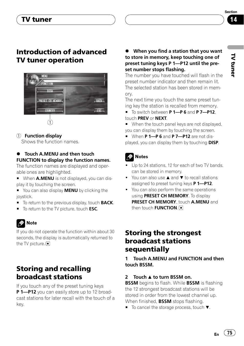 Introduction of advanced tv tuner, Operation 75, Sequentially 75 | Introduction of advanced tv tuner operation, Storing and recalling broadcast stations, Tv tuner | Pioneer AVH-P7500DVDII User Manual | Page 75 / 119