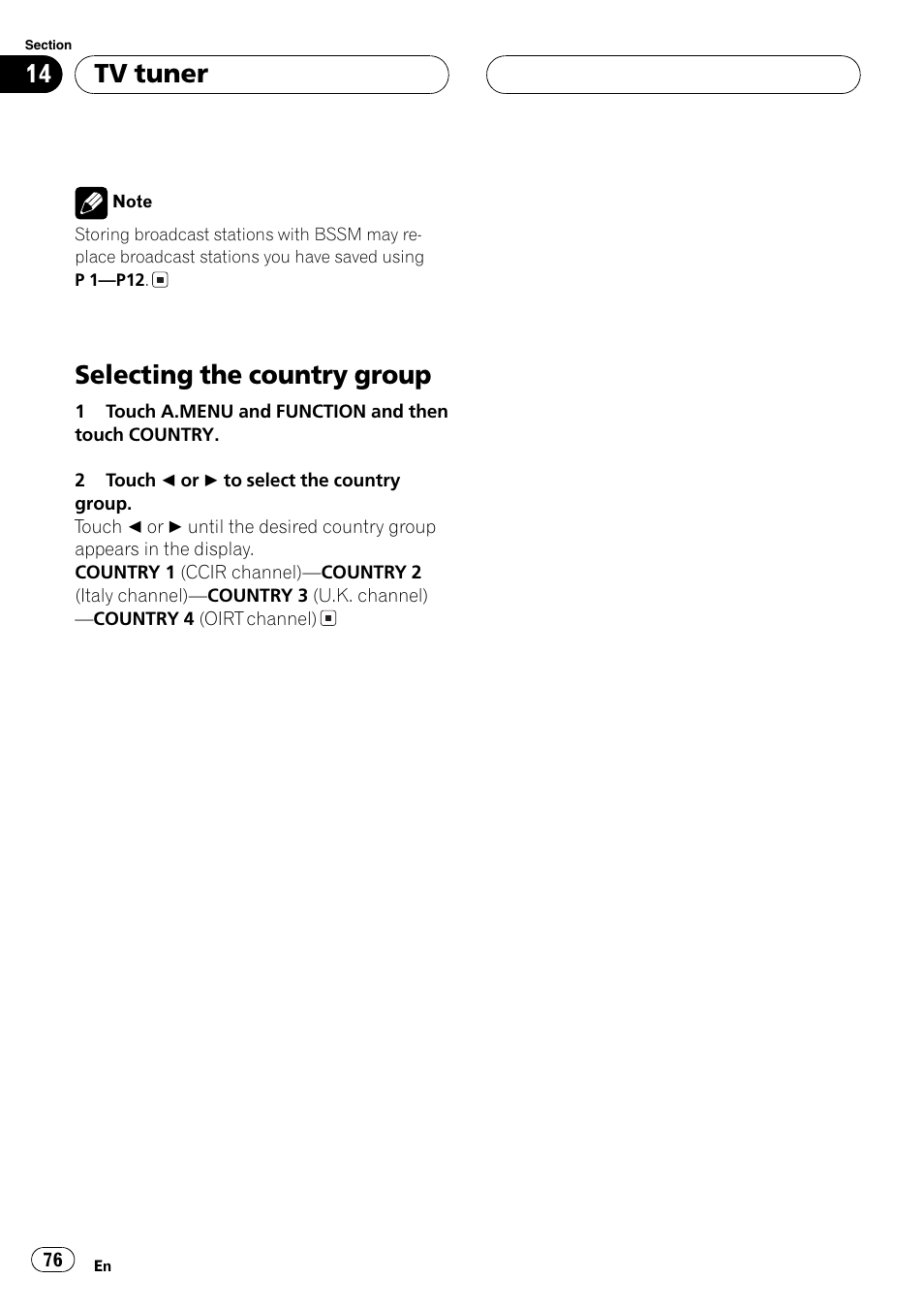 Selecting the country group 76, Selecting the country group, Tv tuner | Pioneer AVH-P7500DVDII User Manual | Page 76 / 119