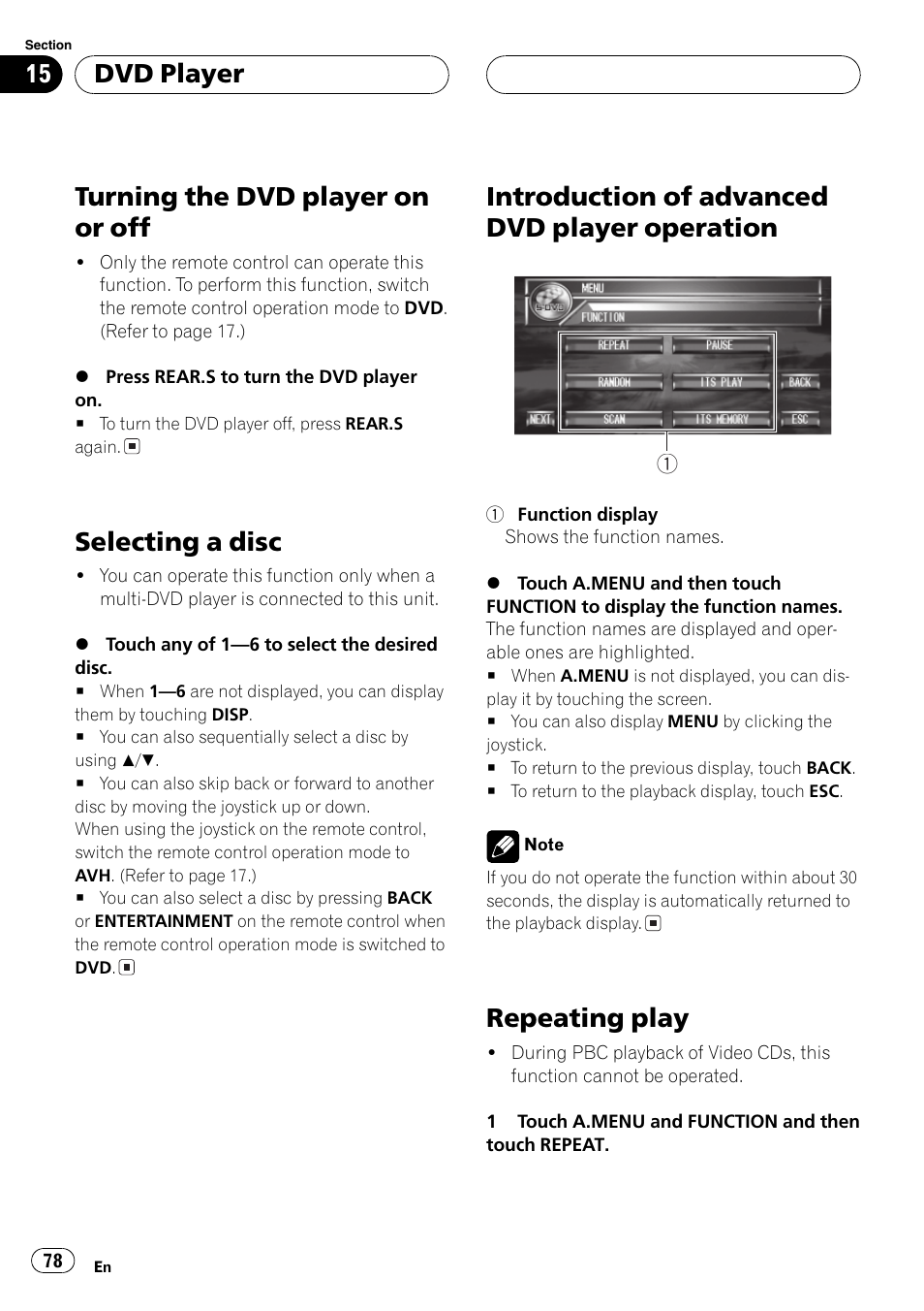 Operation 78, Repeating play 78, Turning the dvd player on or off | Selecting a disc, Introduction of advanced dvd player operation, Repeating play, Dvd player | Pioneer AVH-P7500DVDII User Manual | Page 78 / 119