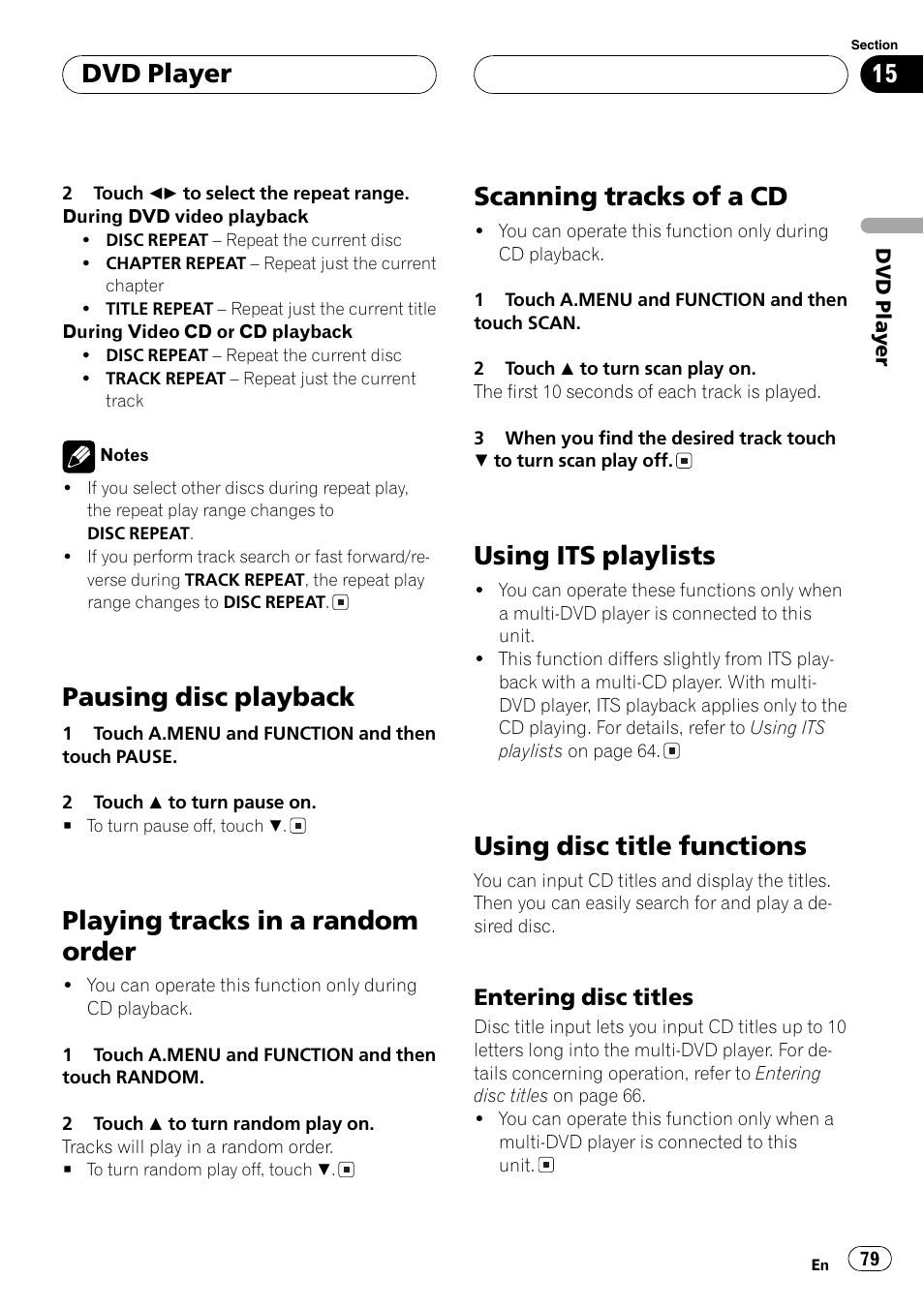 Pausing disc playback, Playing tracks in a random order, Scanning tracks of a cd | Using its playlists, Using disc title functions, Dvd player | Pioneer AVH-P7500DVDII User Manual | Page 79 / 119