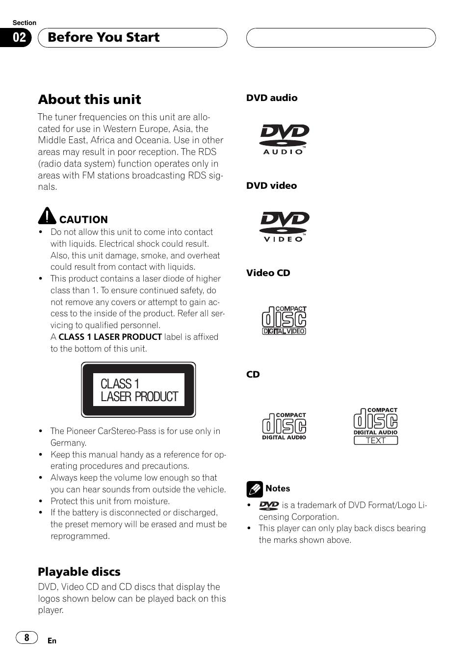 Playable discs 8, Before you start about this unit 8, About this unit | Before you start, Class 1 laser product, Playable discs | Pioneer AVH-P7500DVDII User Manual | Page 8 / 119