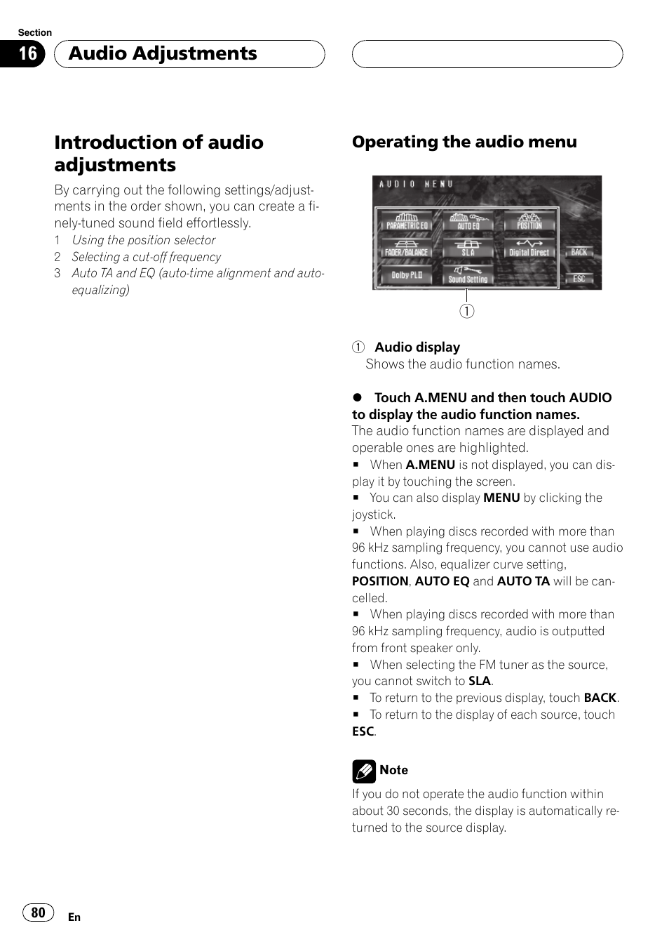 Introduction of audio adjustments, Audio adjustments | Pioneer AVH-P7500DVDII User Manual | Page 80 / 119