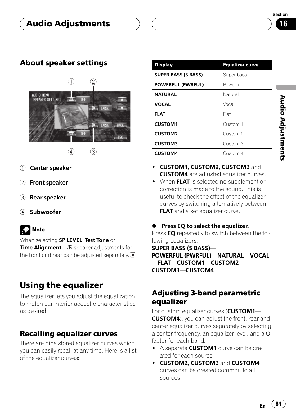 Using the equalizer 81, Using the equalizer, Audio adjustments | About speaker settings, Recalling equalizer curves, Adjusting 3-band parametric equalizer | Pioneer AVH-P7500DVDII User Manual | Page 81 / 119