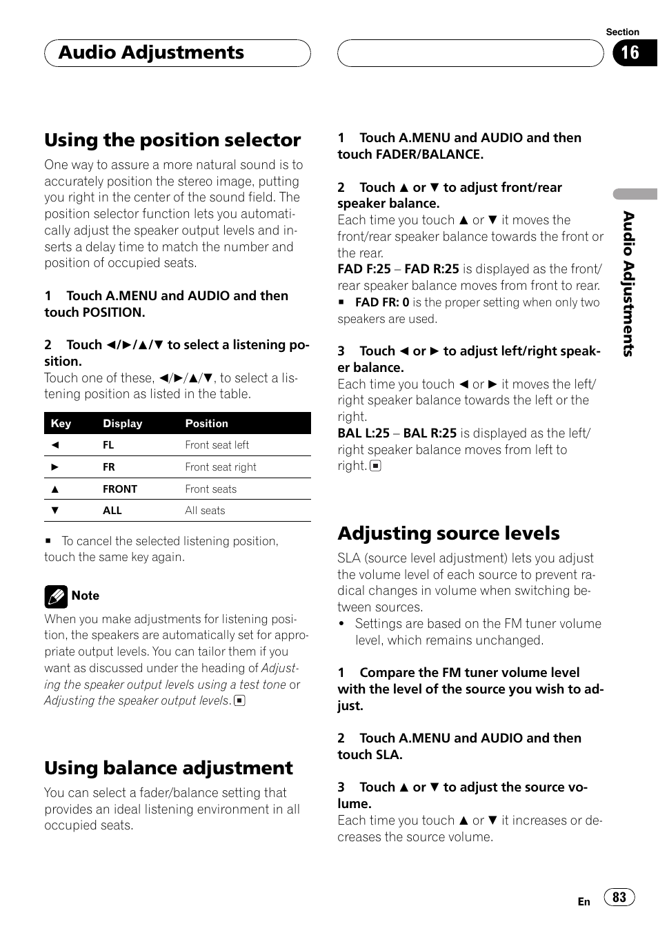 Using the position selector, Using balance adjustment, Adjusting source levels | Audio adjustments | Pioneer AVH-P7500DVDII User Manual | Page 83 / 119