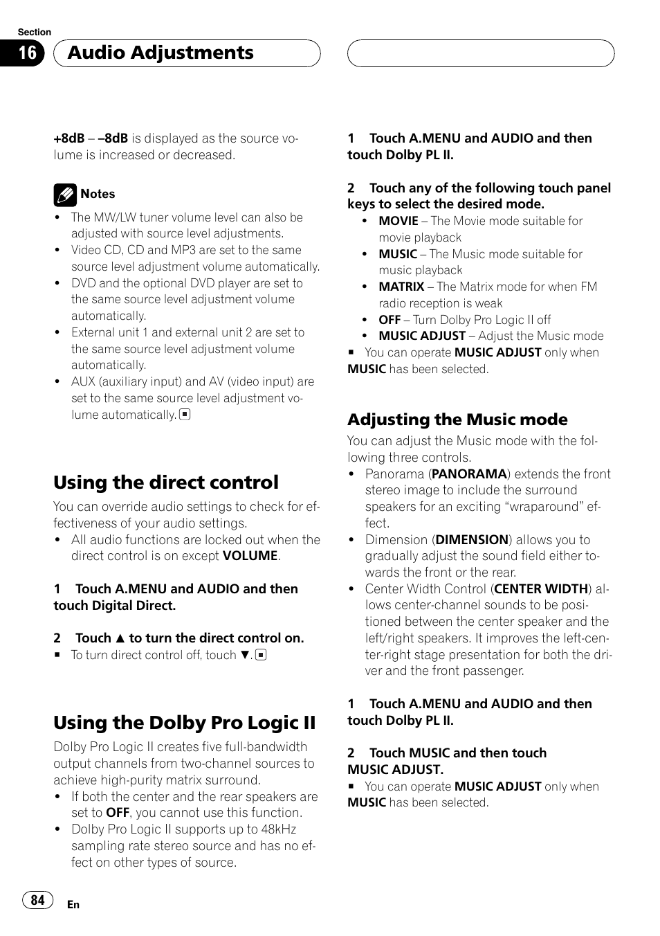 Using the direct control, Using the dolby pro logic ii, Audio adjustments | Adjusting the music mode | Pioneer AVH-P7500DVDII User Manual | Page 84 / 119