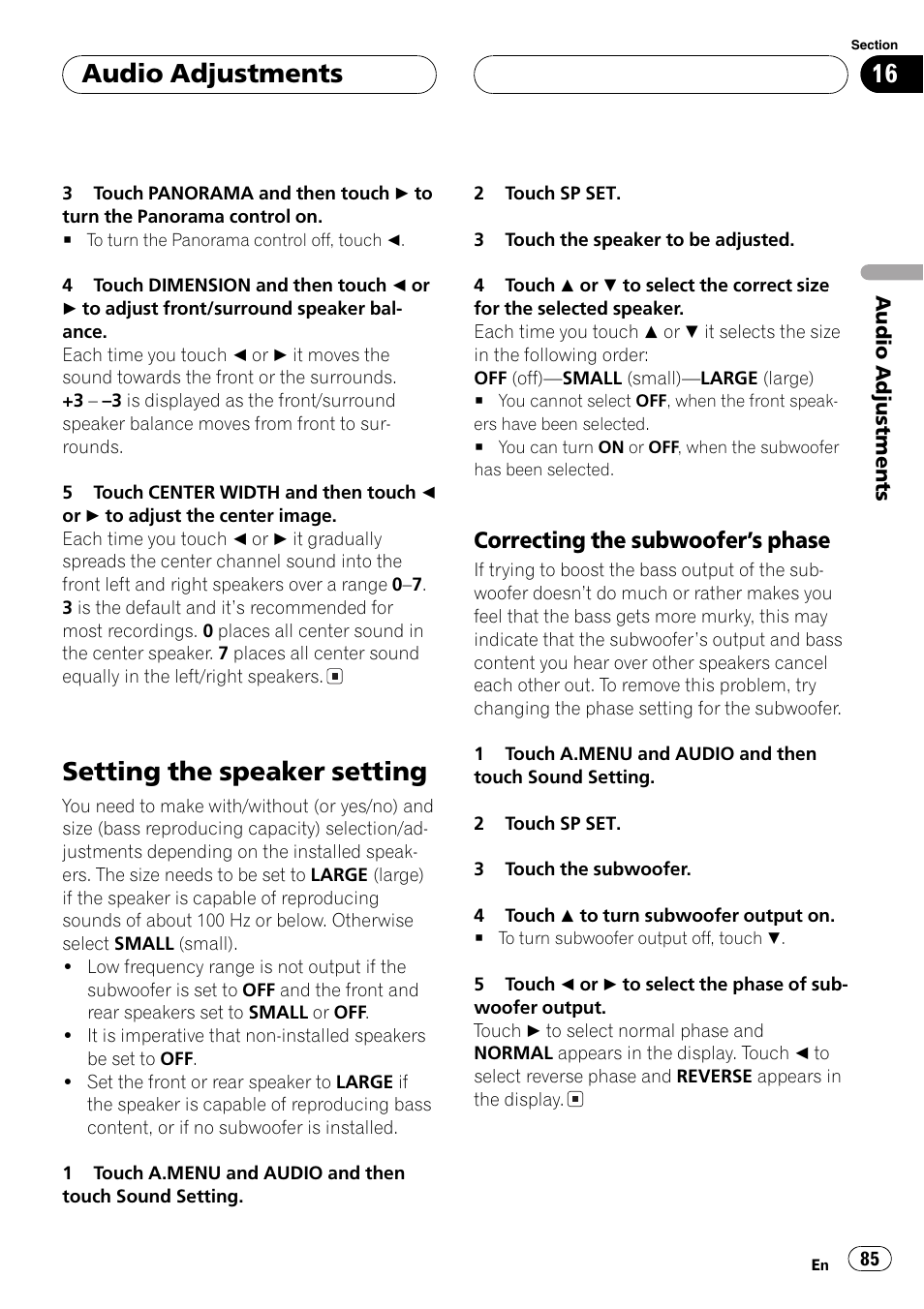 Setting the speaker setting 85, Setting the speaker setting, Audio adjustments | Correcting the subwoofers phase | Pioneer AVH-P7500DVDII User Manual | Page 85 / 119