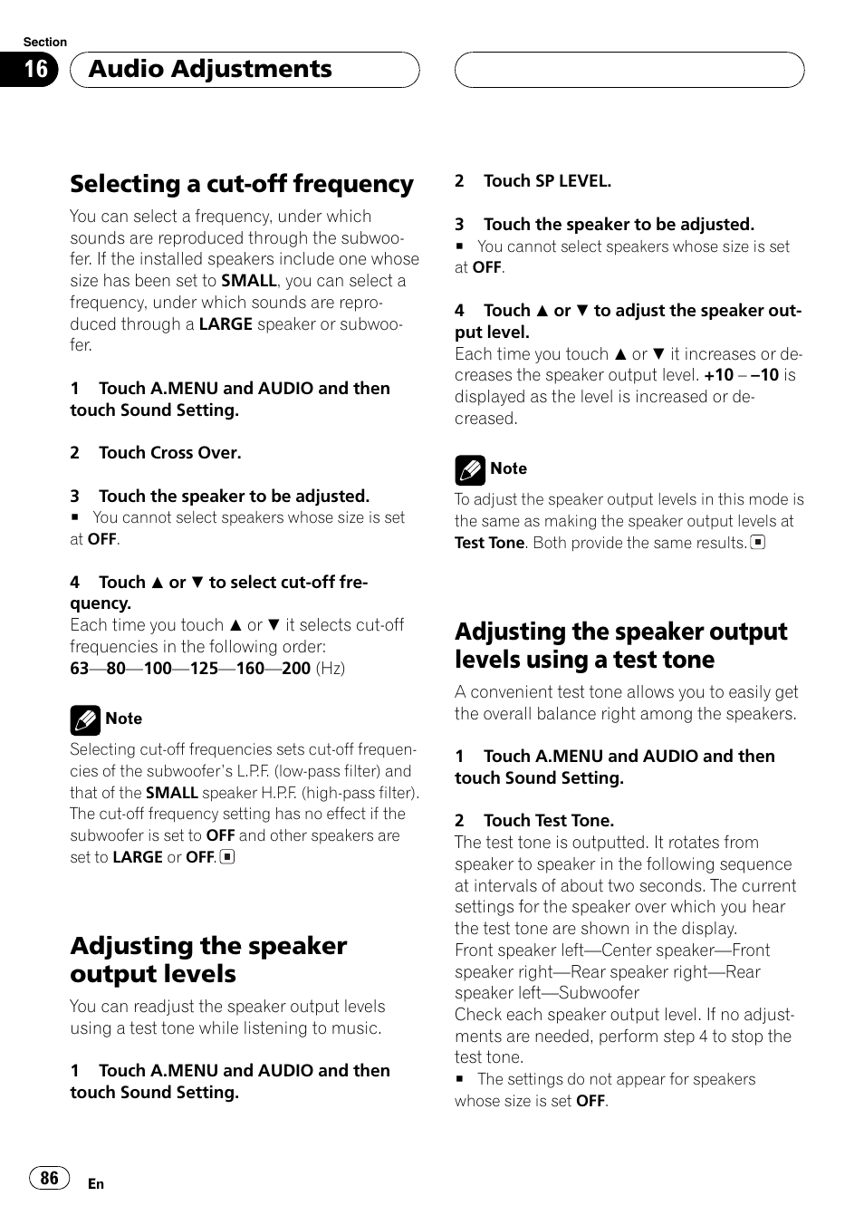 Test tone 86, Selecting a cut-off frequency, Adjusting the speaker output levels | Audio adjustments | Pioneer AVH-P7500DVDII User Manual | Page 86 / 119