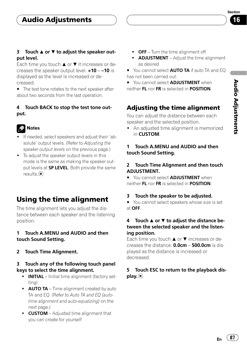 Using the time alignment 87, Using the time alignment, Audio adjustments | Adjusting the time alignment | Pioneer AVH-P7500DVDII User Manual | Page 87 / 119