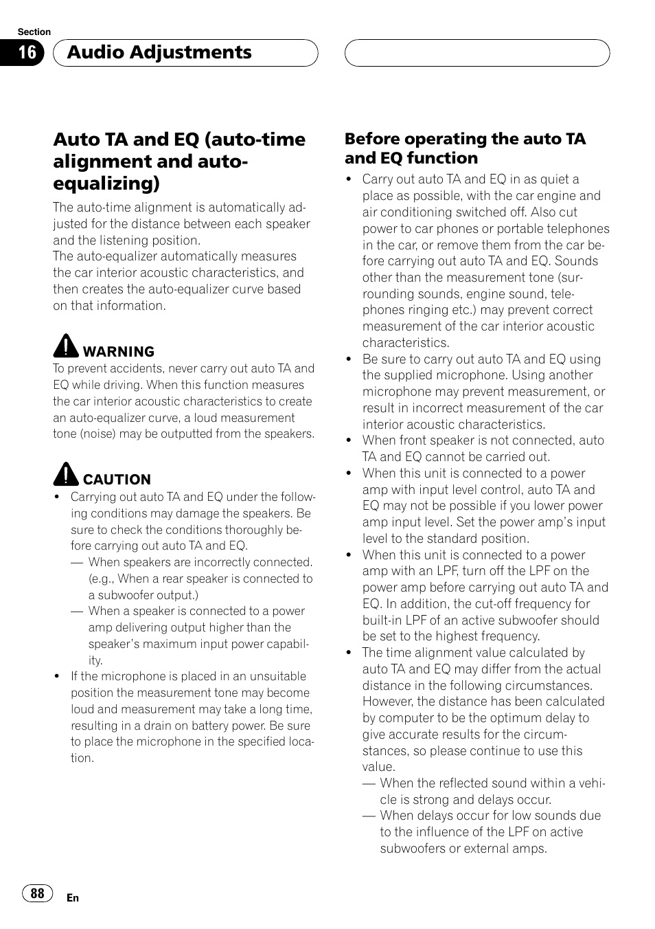 Auto ta and eq (auto-time alignment and, Auto-equalizing) 88, Auto ta and eq (auto-time alignment and auto | Equalizing), Audio adjustments, Before operating the auto ta and eq function | Pioneer AVH-P7500DVDII User Manual | Page 88 / 119