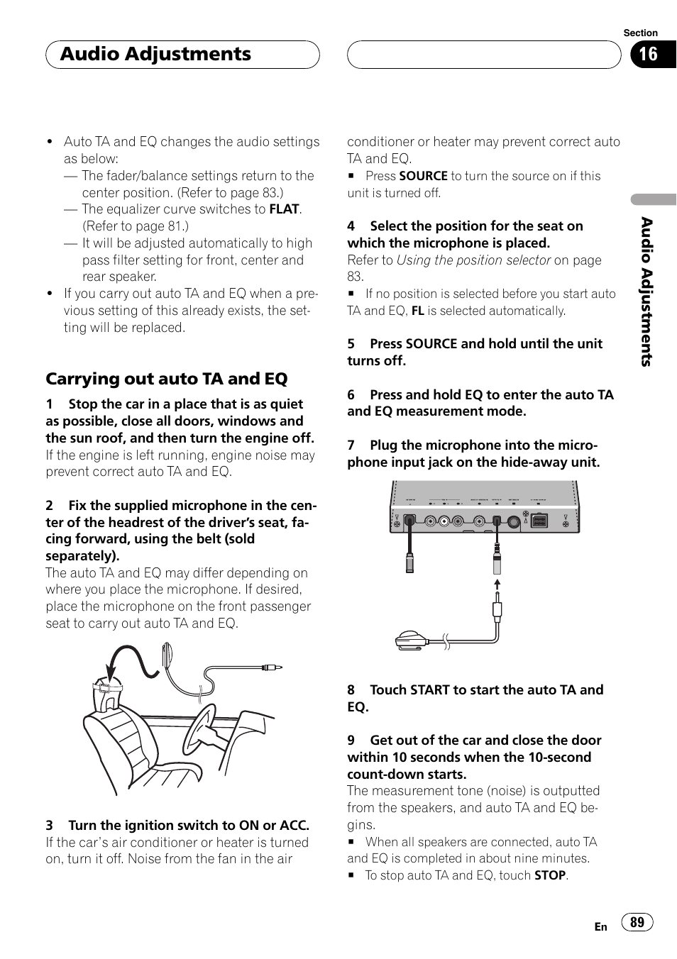 Audio adjustments, Carrying out auto ta and eq | Pioneer AVH-P7500DVDII User Manual | Page 89 / 119