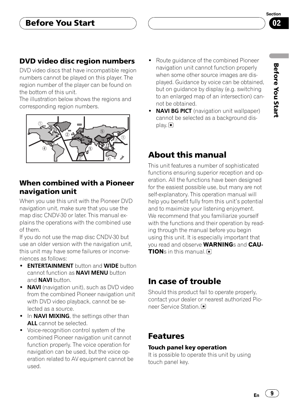 Dvd video disc region numbers 9, About this manual, Features | Before you start | Pioneer AVH-P7500DVDII User Manual | Page 9 / 119