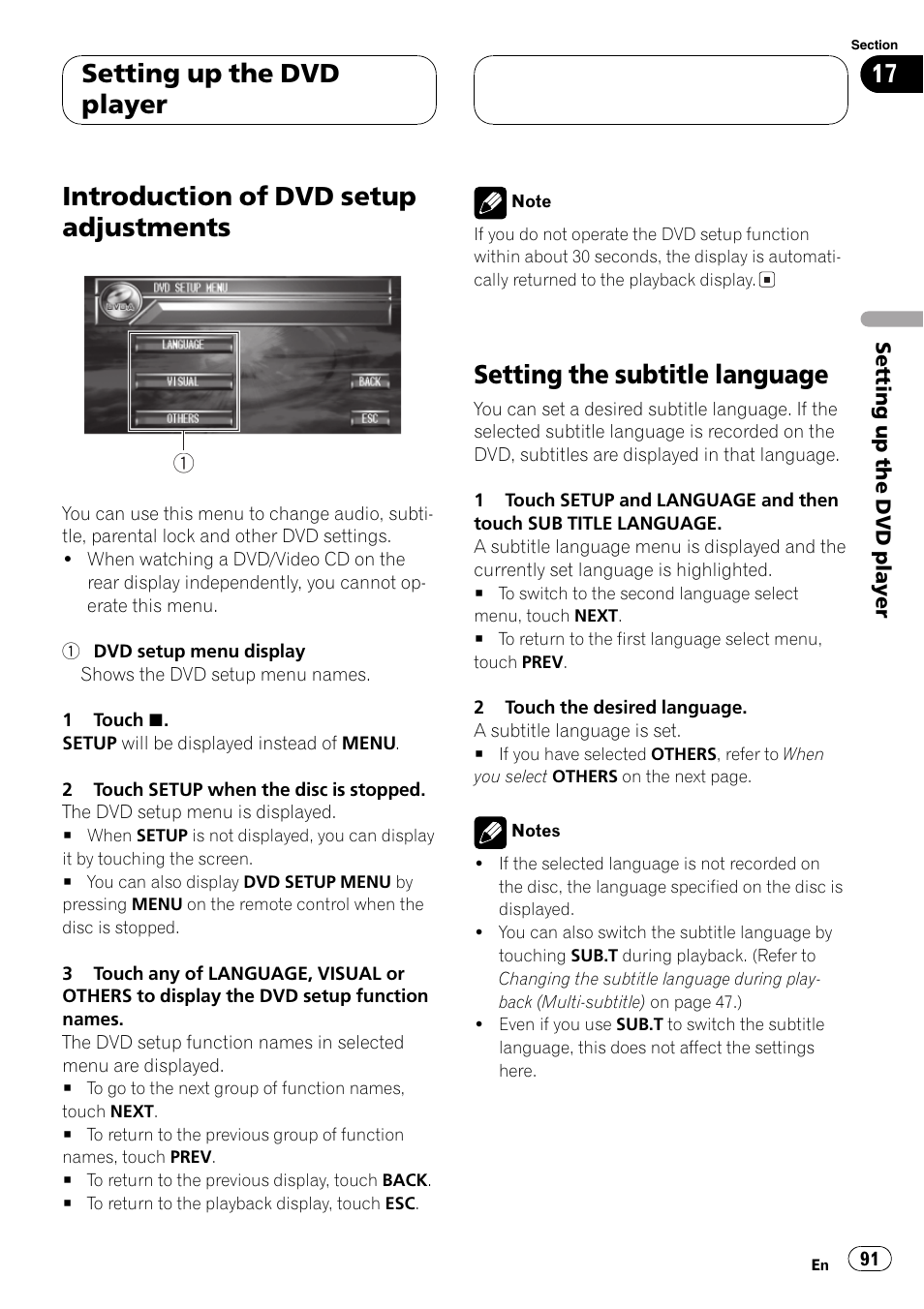 Introduction of dvd setup adjustments, Setting the subtitle language, Setting up the dvd player | Pioneer AVH-P7500DVDII User Manual | Page 91 / 119