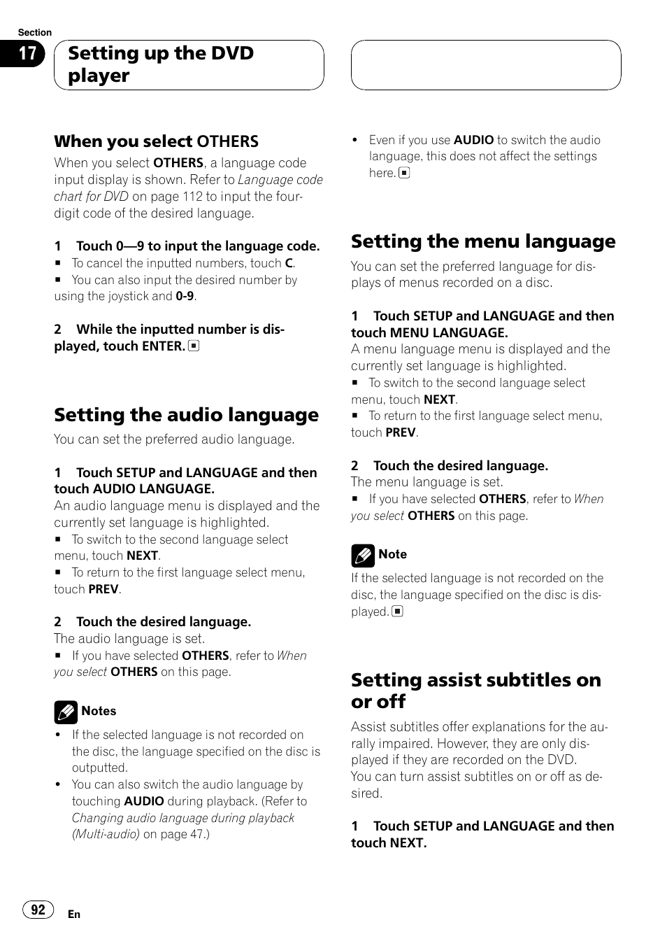 Setting the audio language, Setting the menu language, Setting assist subtitles on or off | Setting up the dvd player | Pioneer AVH-P7500DVDII User Manual | Page 92 / 119