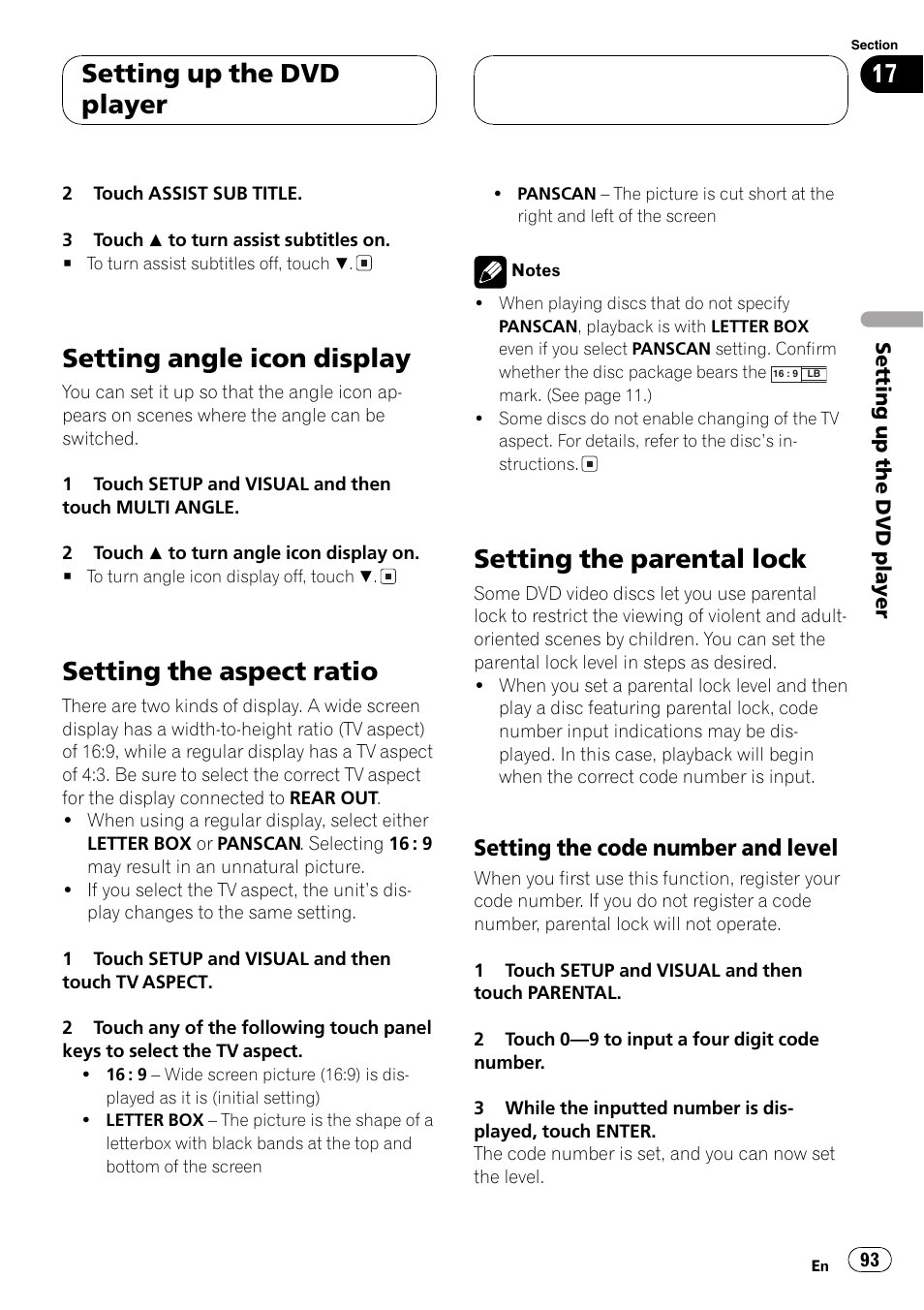 Setting angle icon display, Setting the aspect ratio, Setting the parentallock | Setting up the dvd player, Setting the code number and level | Pioneer AVH-P7500DVDII User Manual | Page 93 / 119