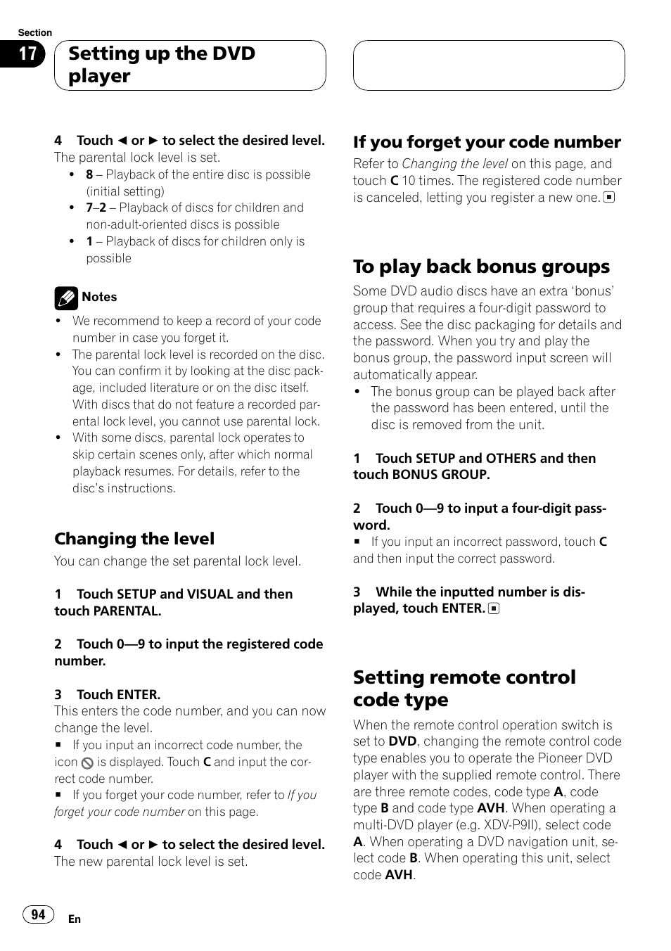 Setting remote, Setting remote control code type, Setting up the dvd player | Changing the level, If you forget your code number | Pioneer AVH-P7500DVDII User Manual | Page 94 / 119