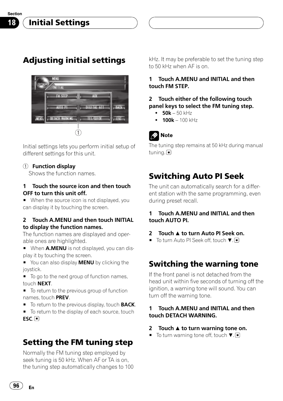 Adjusting initialsettings, Setting the fm tuning step, Switching auto pi seek | Switching the warning tone, Initialsettings | Pioneer AVH-P7500DVDII User Manual | Page 96 / 119