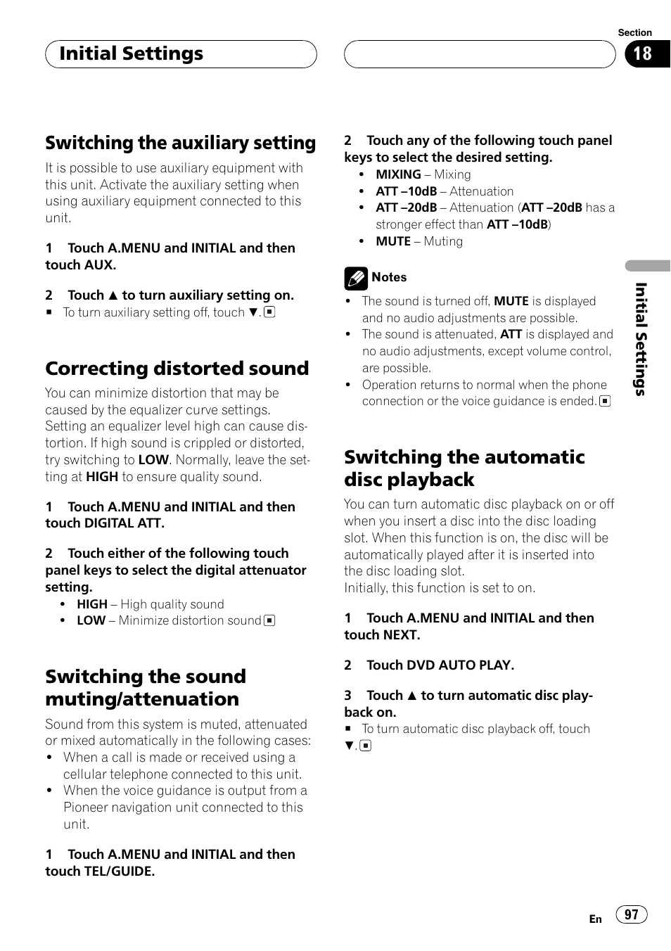 Switching, Switching the auxiliary setting, Correcting distorted sound | Switching the sound muting/attenuation, Switching the automatic disc playback, Initialsettings | Pioneer AVH-P7500DVDII User Manual | Page 97 / 119