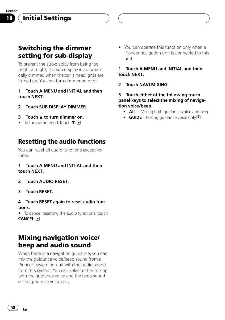 Switching the dimmer setting for sub, Display 98, Sound 98 | Switching the dimmer setting for sub-display, Resetting the audio functions, Mixing navigation voice/ beep and audio sound, Initialsettings | Pioneer AVH-P7500DVDII User Manual | Page 98 / 119