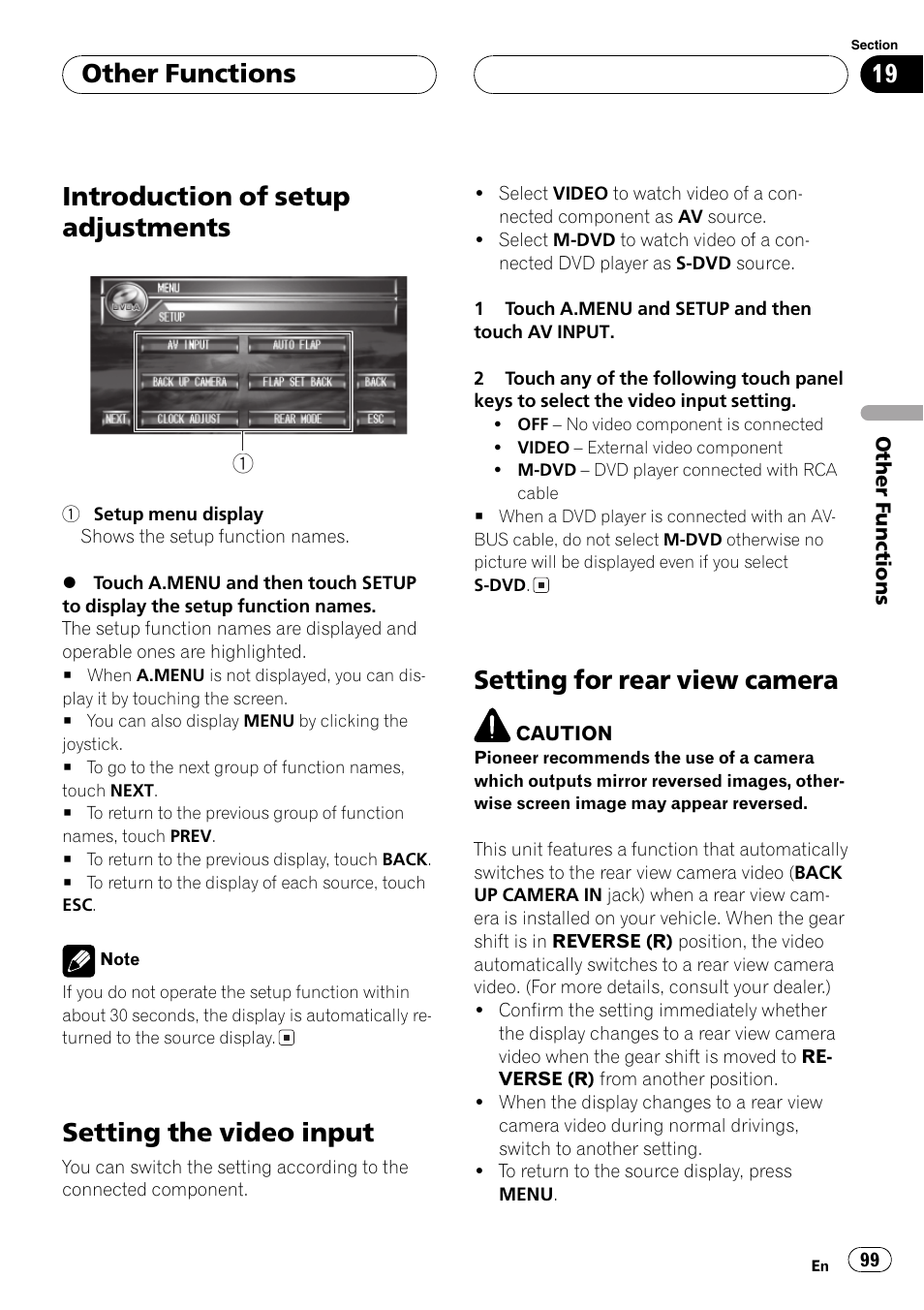 Introduction of setup adjustments, Setting the video input, Setting for rear view camera | Other functions | Pioneer AVH-P7500DVDII User Manual | Page 99 / 119