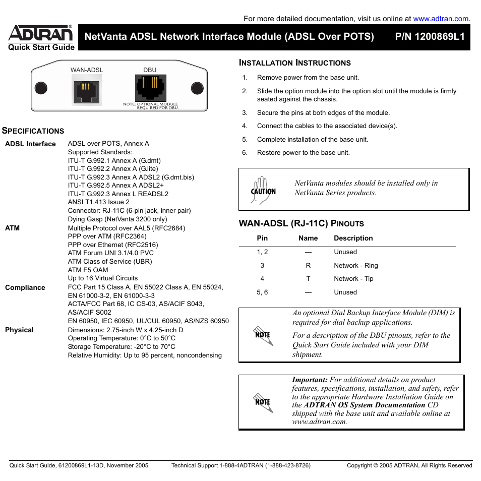 ADTRAN NetVanta ADSL NIM User Manual | 2 pages