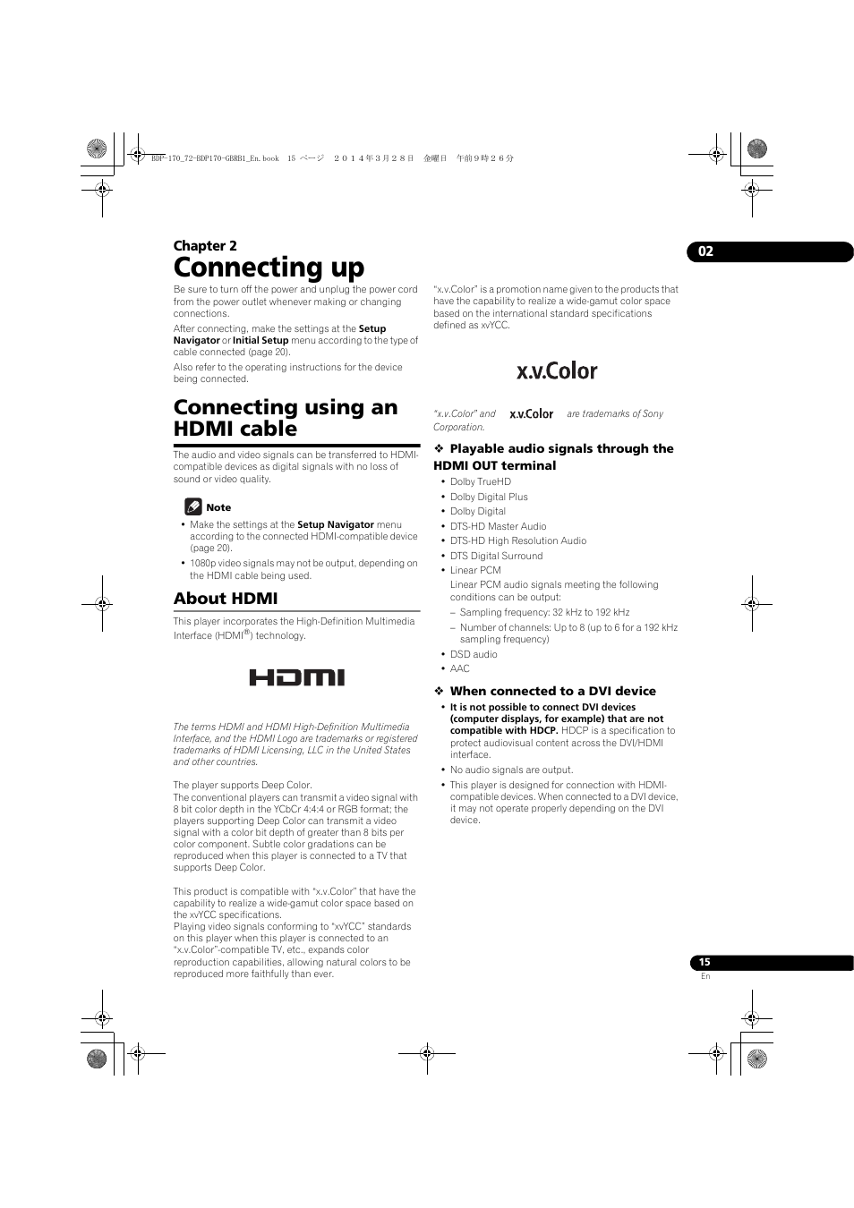 02 connecting up, Connecting using an hdmi cable, About hdmi | Connecting up | Pioneer BDP-170-W User Manual | Page 15 / 64