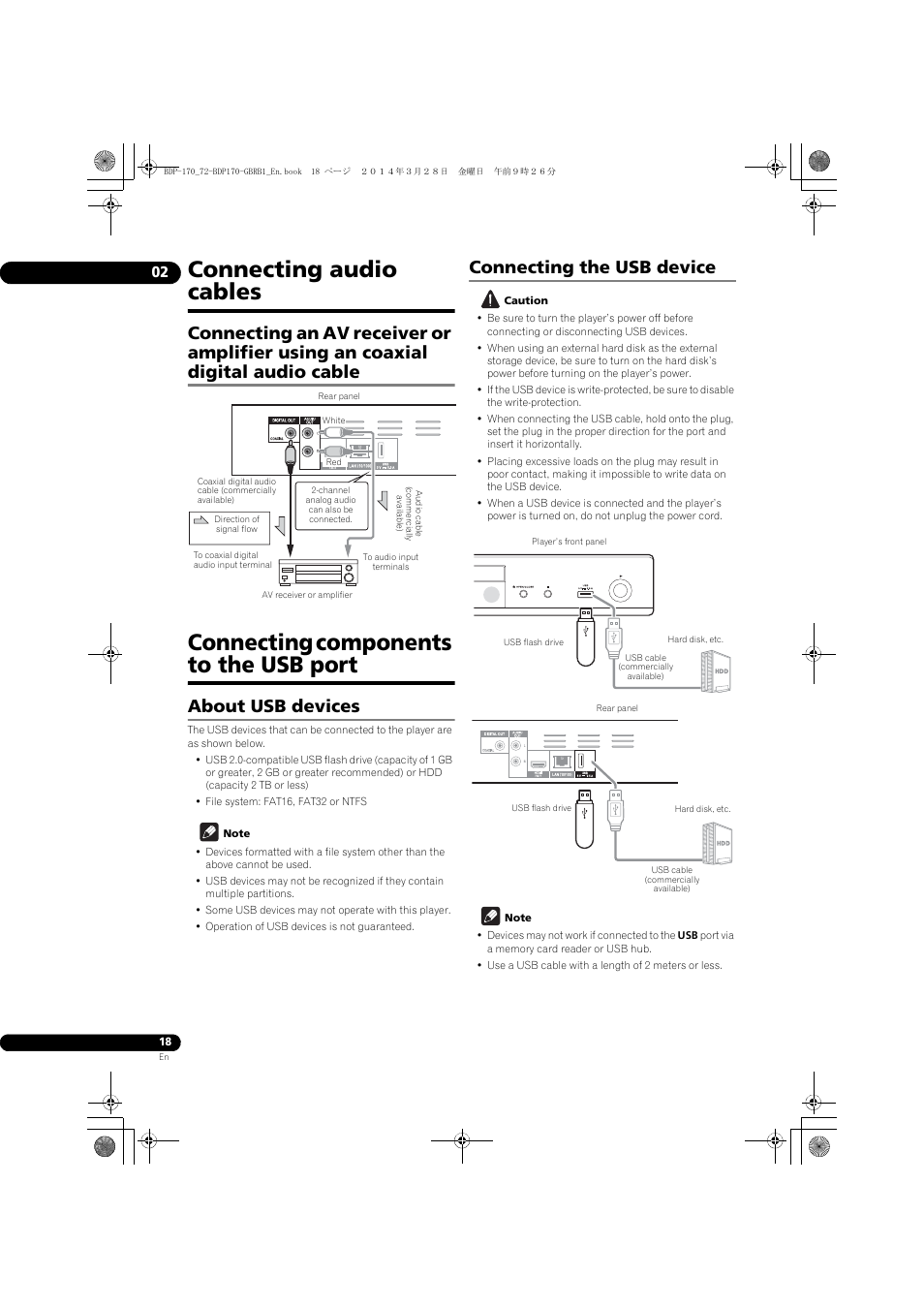 Connecting audio cables, Connecting an av receiver or amplifier using, An coaxial digital audio cable | Connecting components to the usb port, About usb devices, Connecting the usb device | Pioneer BDP-170-W User Manual | Page 18 / 64