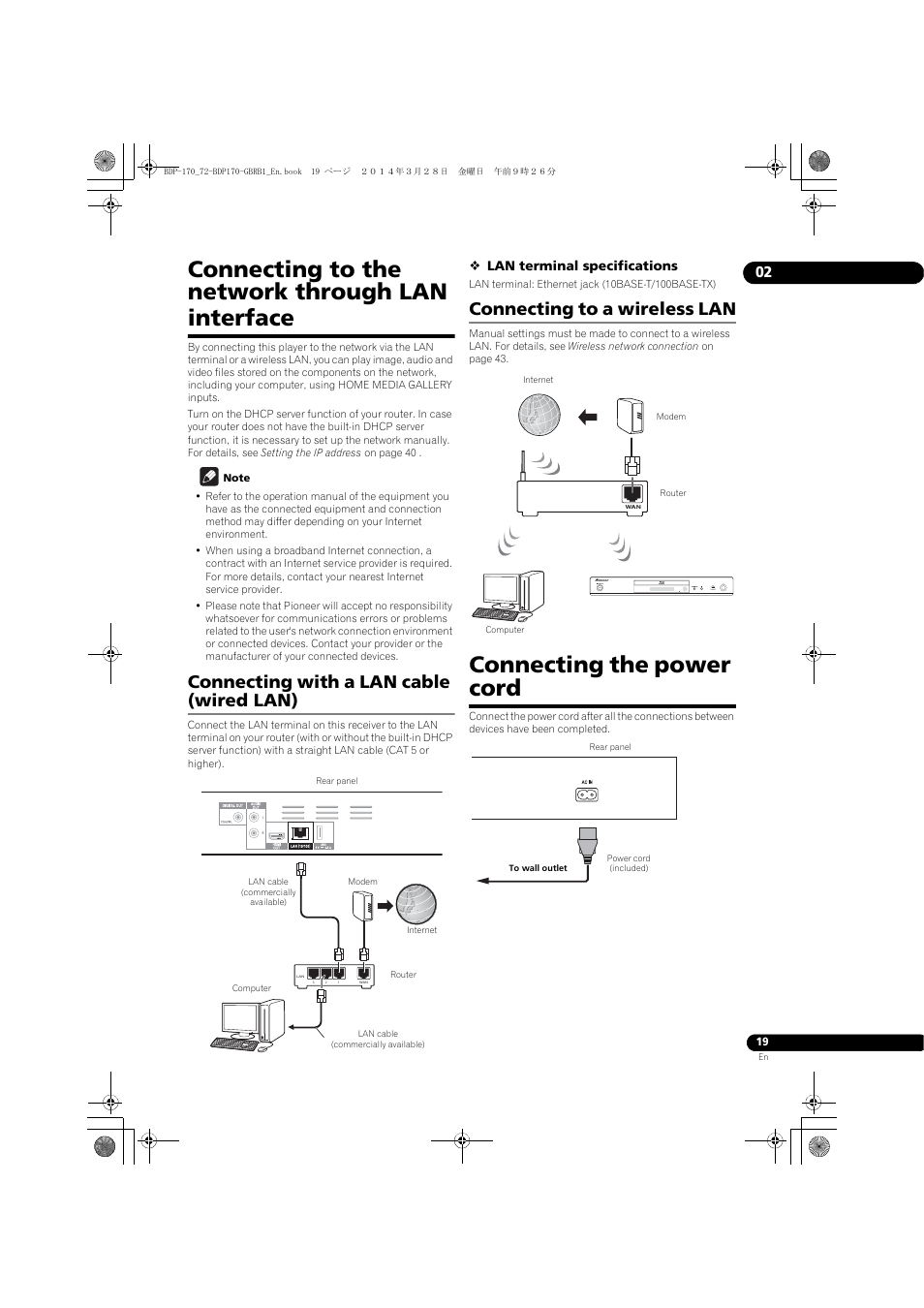 Connecting to the network through lan interface, Connecting with a lan cable (wired lan), Connecting to a wireless lan | Connecting the power cord | Pioneer BDP-170-W User Manual | Page 19 / 64