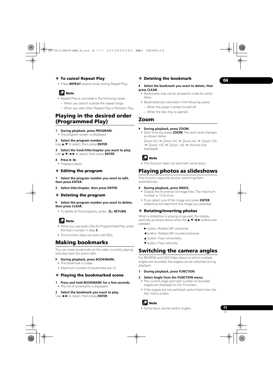 Playing in the desired order (programmed play), Making bookmarks, Zoom | Playing photos as slideshows, Switching the camera angles | Pioneer BDP-170-W User Manual | Page 23 / 64