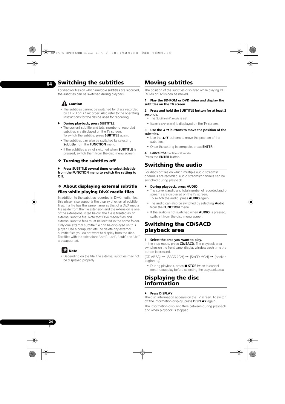 Switching the subtitles, Moving subtitles, Switching the audio | Switching the cd/sacd playback area, Displaying the disc information | Pioneer BDP-170-W User Manual | Page 24 / 64
