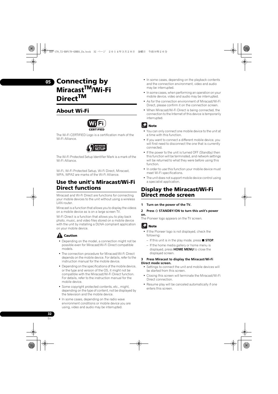 Connecting by miracast, Wi-fi direct, About wi-fi | Use the unit’s miracast/wi-fi direct functions, Display the miracast/wi-fi direct mode screen, Tm about wi-fi | Pioneer BDP-170-W User Manual | Page 32 / 64