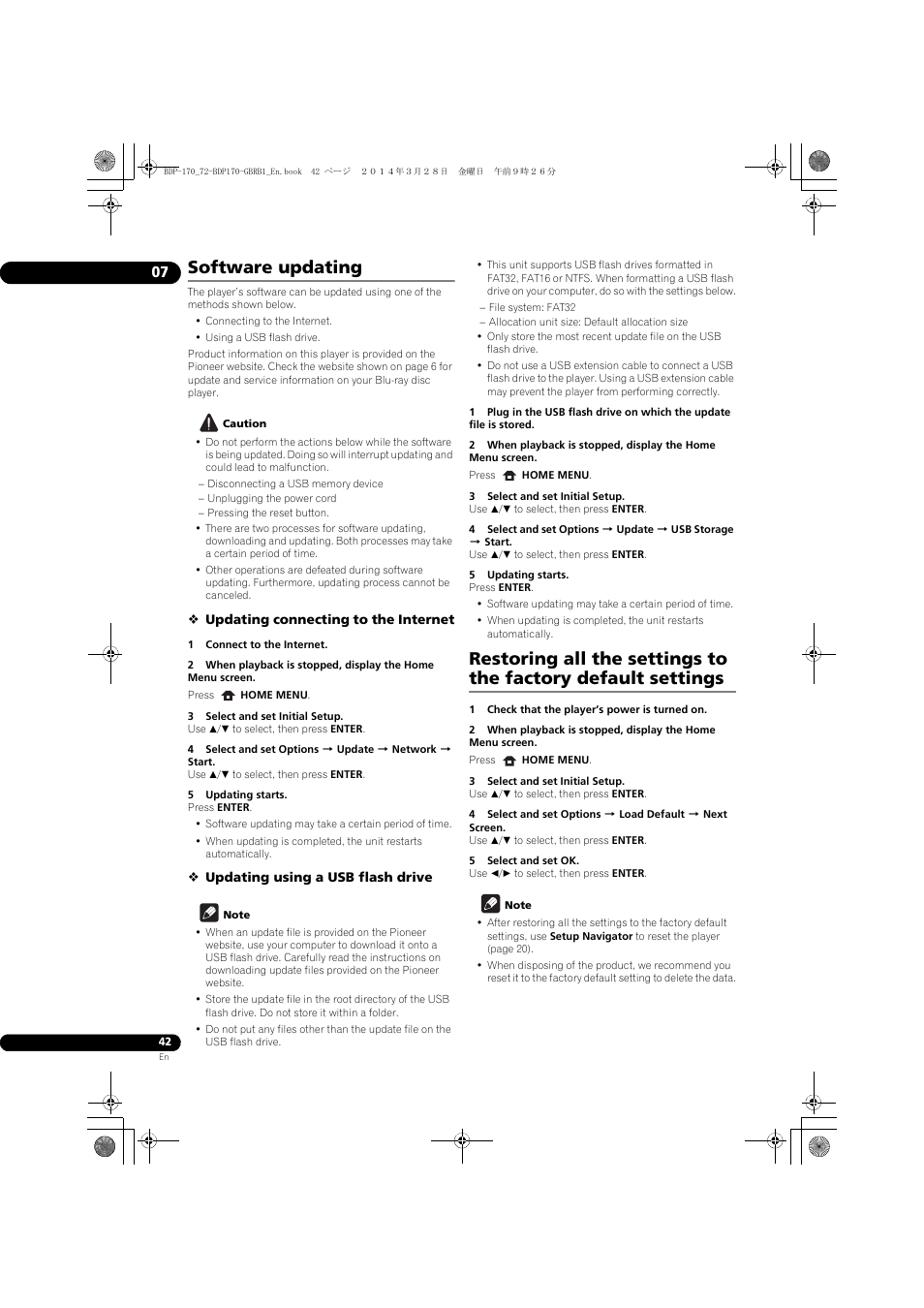 Software updating, Restoring all the settings to the factory default, Settings | Pioneer BDP-170-W User Manual | Page 42 / 64