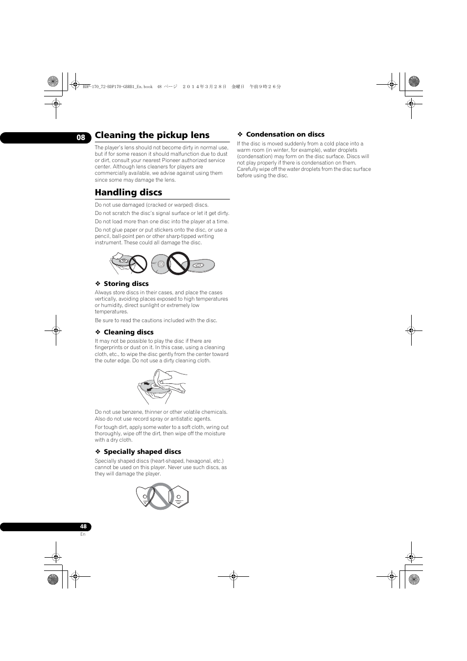 Cleaning the pickup lens, Handling discs | Pioneer BDP-170-W User Manual | Page 48 / 64