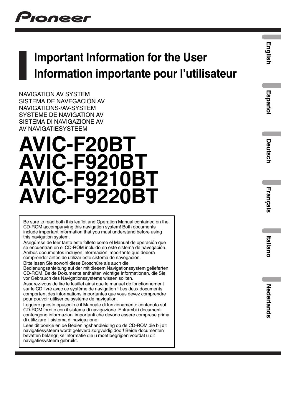 Pioneer AVIC-F920BT User Manual | 120 pages