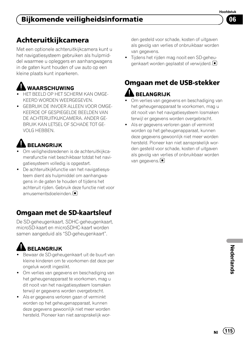 Achteruitkijkcamera, Omgaan met de sd-kaartsleuf, Omgaan met de usb-stekker | 06 bijkomende veiligheidsinformatie | Pioneer AVIC-F920BT User Manual | Page 115 / 120