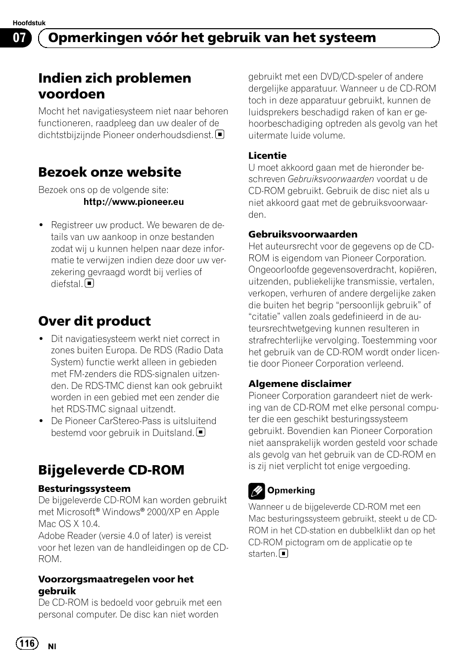 Bezoek onze website, Over dit product, Bijgeleverde cd-rom | Indien zich problemen voordoen, 07 opmerkingen vóór het gebruik van het systeem | Pioneer AVIC-F920BT User Manual | Page 116 / 120