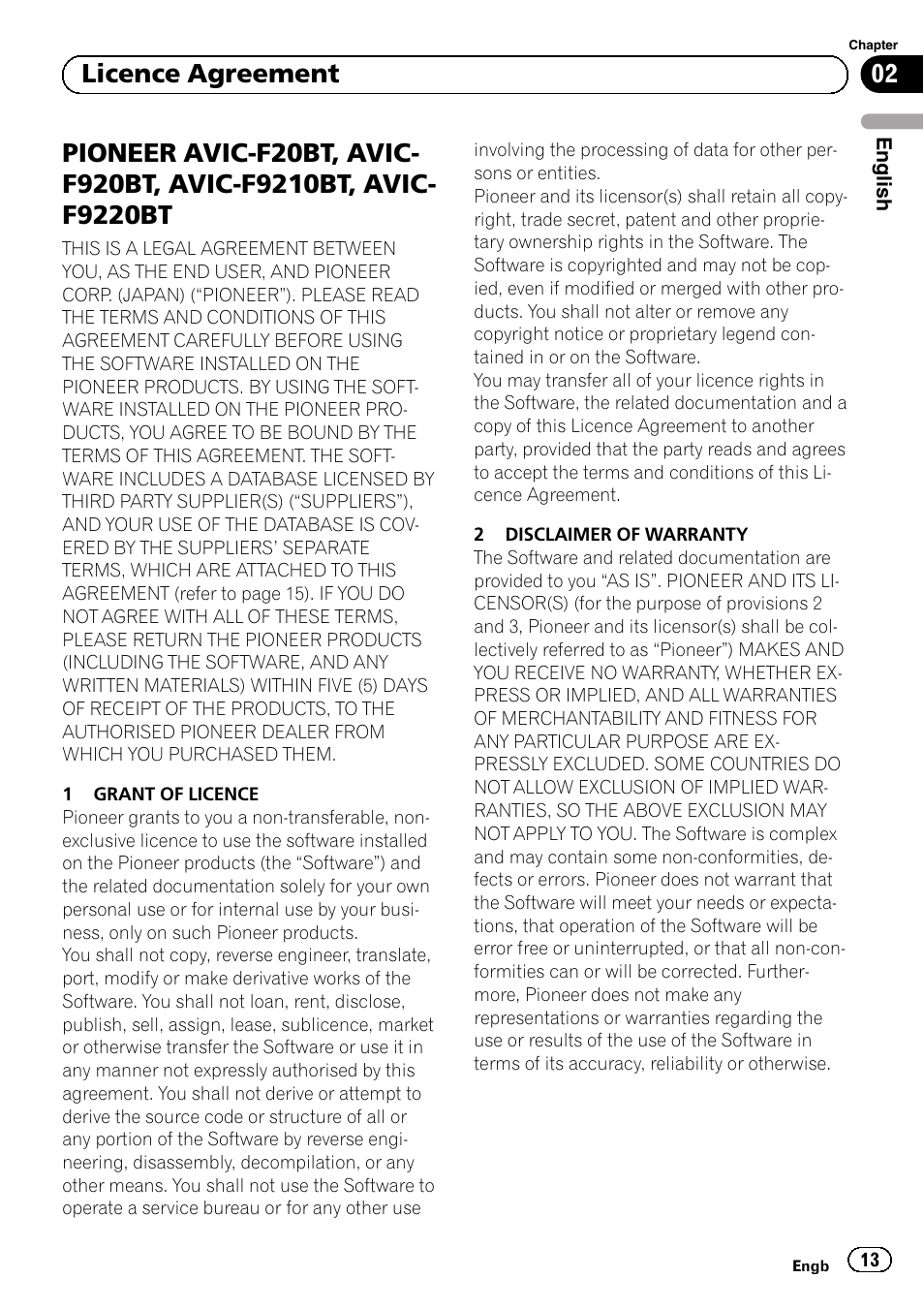 F9210bt, avic-f9220bt, 02 licence agreement | Pioneer AVIC-F920BT User Manual | Page 13 / 120