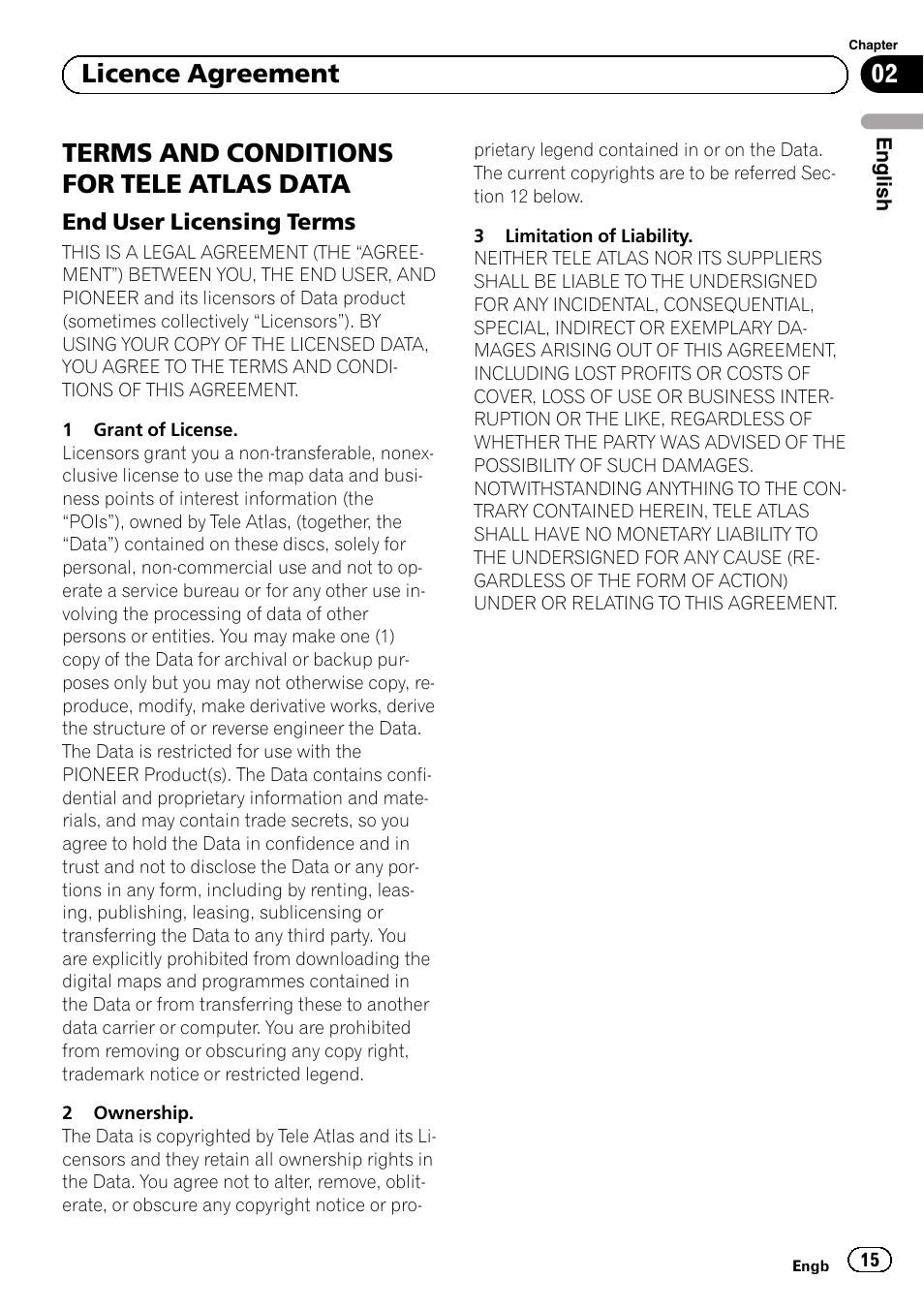 Terms and conditions for tele atlas, Data, End user licensing terms 15 | Terms and conditions for tele atlas data, 02 licence agreement | Pioneer AVIC-F920BT User Manual | Page 15 / 120