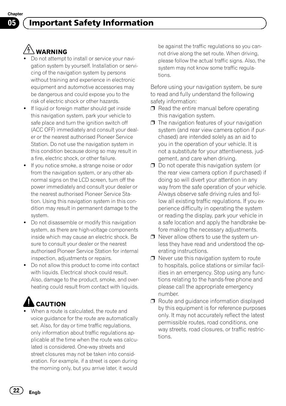 Important safety information, 05 important safety information | Pioneer AVIC-F920BT User Manual | Page 22 / 120