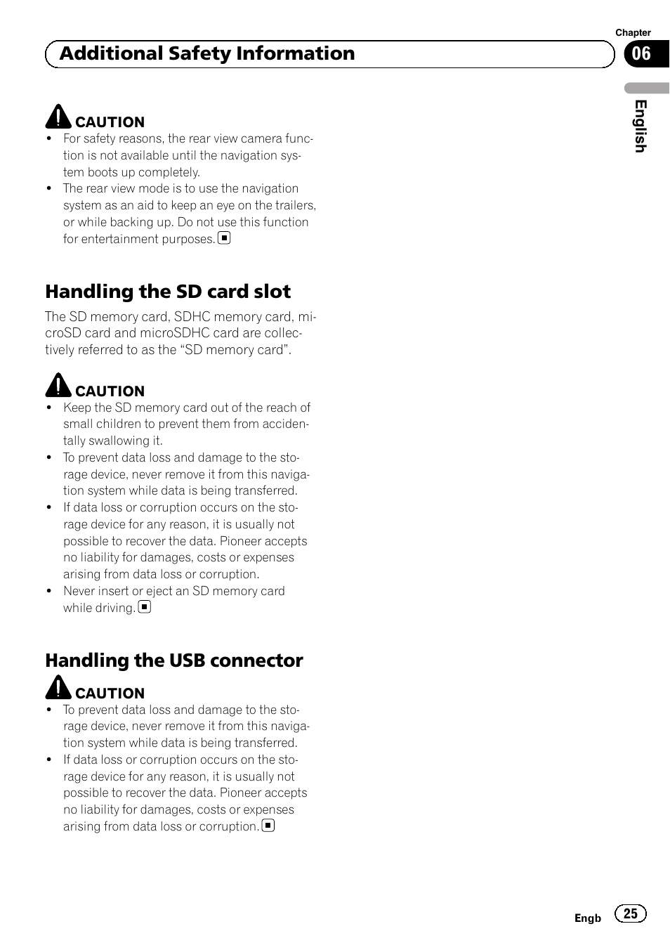 Handling the sd card slot, Handling the usb connector, 06 additional safety information | Pioneer AVIC-F920BT User Manual | Page 25 / 120