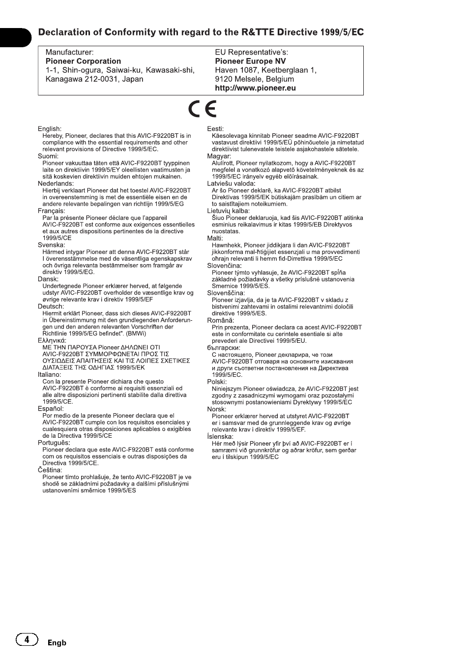 Pioneer AVIC-F920BT User Manual | Page 4 / 120