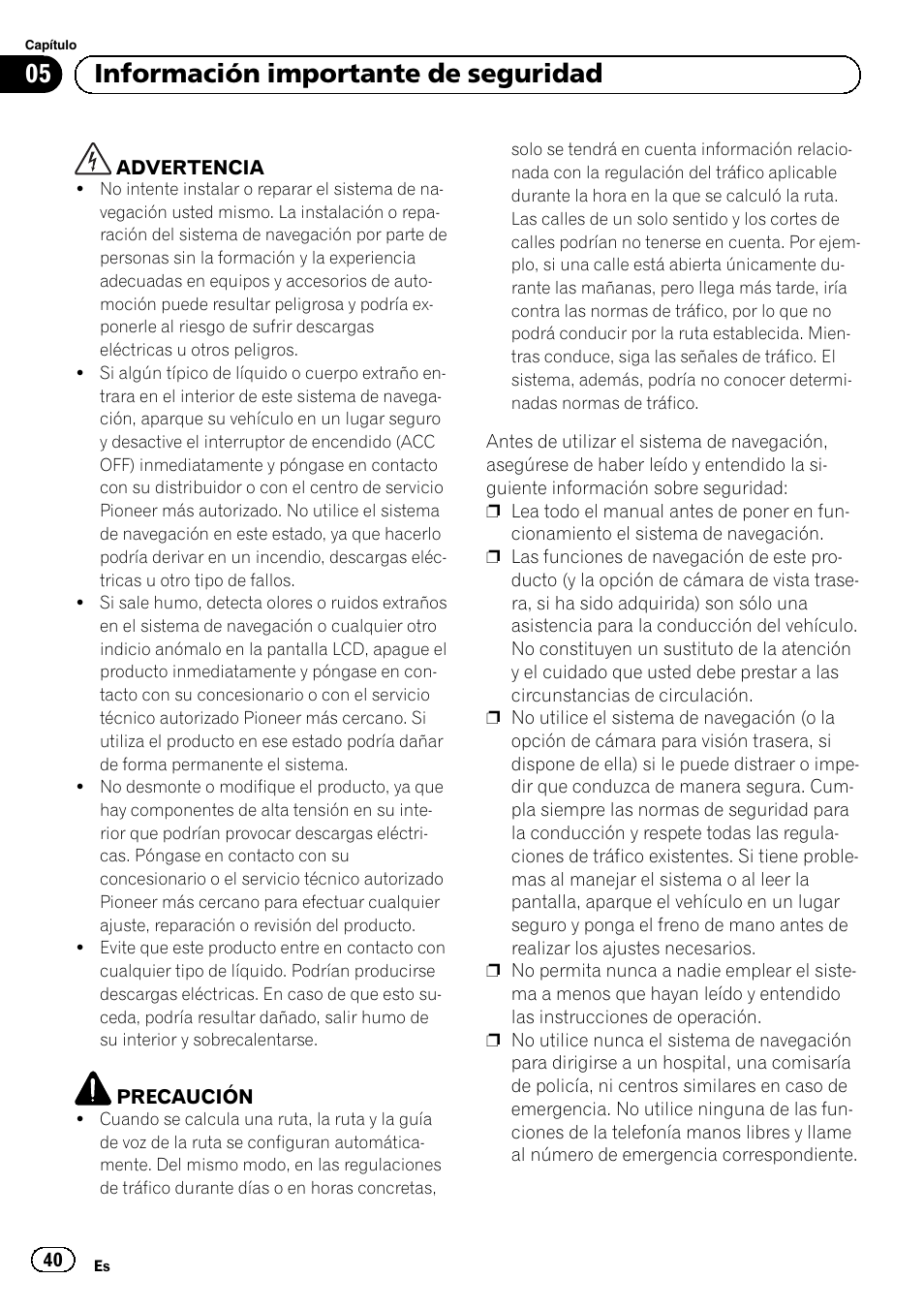 Información importante de seguridad, 05 información importante de seguridad | Pioneer AVIC-F920BT User Manual | Page 40 / 120