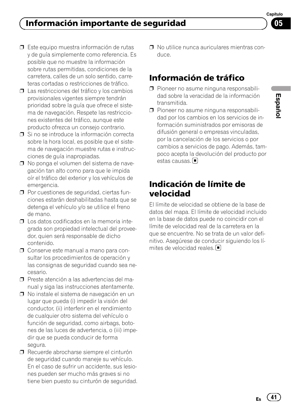 Información de tráfico, Indicación de límite de velocidad, 05 información importante de seguridad | Pioneer AVIC-F920BT User Manual | Page 41 / 120